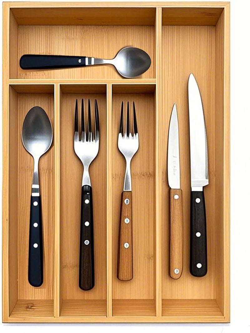 guiogc Kitchen Bamboo Silverware Drawer Organizer，Silverware Organizer and Cutlery Tray with Grooved Drawer Dividers for Silverware, Knives in Kitchen, Bedroom (5 Slot-Natural) - Image 1